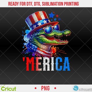 Peut inclure: Illustration colorée d'un alligator portant un chapeau patriotique de l'Oncle Sam, des lunettes de soleil et une écharpe avec le drapeau américain. Le mot "'MERICA" est affiché en texte rouge, blanc et bleu. Le fond est noir.