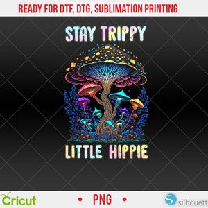 May include: A colorful graphic featuring a large mushroom with a blue and yellow cap and smaller mushrooms in various colors. The text "STAY TRIPPY LITTLE HIPPIE" is displayed in a rainbow font. The background is black with a diamond pattern.