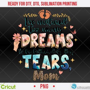 Peut inclure: Conception numérique avec le texte "I've nurtured too many DREAMS to be bothered by your TEARS Mom." Le design comprend des éléments floraux et léopard, des cœurs et un papillon sur fond noir.