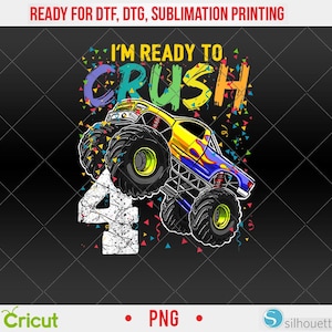 Sono pronto a schiacciare 4 Monster Truck 4° compleanno regalo per ragazzi PNG, DTF, design a sublimazione