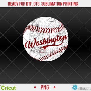 May include: A distressed white baseball design with red stitching and the word "Washington" in a script font. The design is set against a black diamond-patterned background. Text at the top reads "READY FOR DTF, DTG, SUBLIMATION PRINTING".