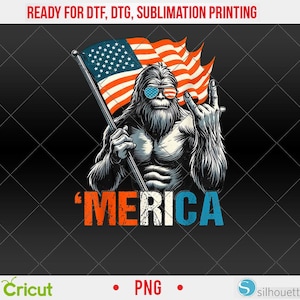 May include: A graphic illustration of a Bigfoot-like creature wearing sunglasses with the American flag design. The creature is holding a flag and giving a hand gesture. The word "'MERICA" is written in red and blue.