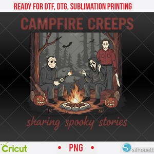 以下が含まれることがあります： キャンプファイヤーの周りにいる3人のホラーキャラクターのデジタルイラスト。テキスト「CAMPFIRE CREEPS」と「sharing spooky stories」が表示されています。画像にはカボチャ、木、コウモリが含まれており、ハロウィーンに最適です。