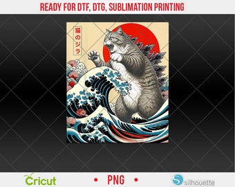 Catzilla Cat Japanese Art Funny Cat Gifts For Men Women PNG, DTF, Sublimation Design