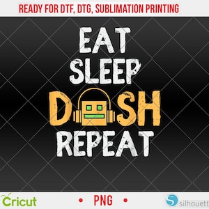 Peut inclure: Fond noir à motif losange avec les mots "EAT SLEEP DASH REPEAT" en blanc et jaune. Un dessin de tête de robot est au centre. L'image est conçue pour l'impression DTF, DTG et sublimation.