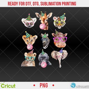 May include: A collection of watercolor animal portraits, including a giraffe, tiger, zebra, and lion, each wearing a party hat and glasses. The animals are blowing pink bubble gum bubbles. Text at the top reads "READY FOR DTF, DTG, SUBLIMATION PRINTING".