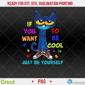 Puede incluir: Un gato azul de dibujos animados con ojos amarillos y zapatillas coloridas. La imagen incluye el texto "IF YOU WANT TO BE COOL JUST BE YOURSELF" en varios colores. El fondo es negro con un patrón de diamantes.