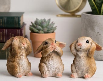 Set schattige konijntjes – Zie, hoor, spreek geen kwaad konijnen – Miniatuurtuindecor – Fairy Garden Bunny-beelden – Hars dier ornament cadeau