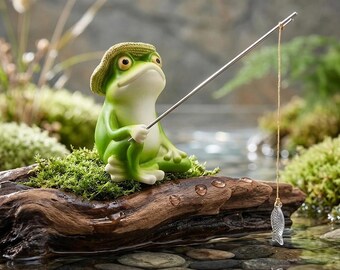 Cute Frog Fishing Figurine, Mini Frog Angler Statue, Cottagecore Pond Decor, Fairy Garden Frog Ornament, Desk Shelf Collectible Gift