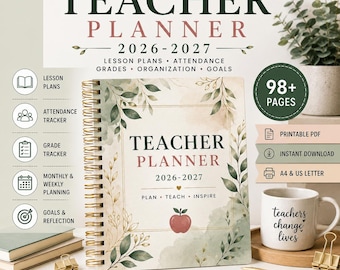 Teacher Planner 2026-2027 Printable PDF | Lesson Planner | Grade Tracker | Attendance Log | Classroom Organizer | Teacher Binder