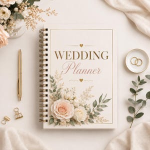May include: A spiral-bound wedding planner with a cream cover featuring gold text that reads WEDDING Planner, decorated with a floral illustration of pale pink roses and green leaves, accompanied by a gold pen and two gold binder clips.