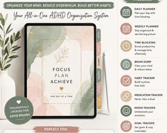 ADHD Digital Planner | Printable ADHD Planner PDF | Undated Daily Weekly Monthly Planner | Focus & Productivity Organizer | GoodNotes