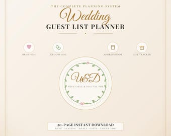 Wedding Guest List Planner PDF | Bride & Groom Side Tracker, RSVP, Address Book, Gift Log, Seating Notes, Printable Instant Download
