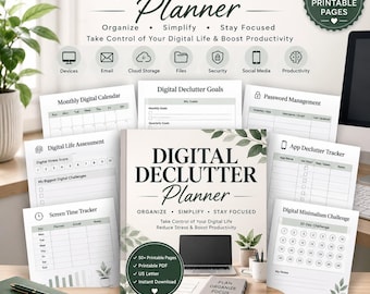 Digital Declutter Planner Printable PDF | Digital Organization Workbook, Digital Detox Journal, Productivity Planner, US Letter