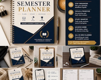 Printable Semester Planner PDF, College Student Academic Planner, University Study Tracker, GPA Assignment Tracker, Undated Academic Journal