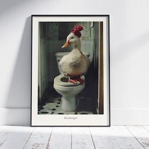 WC Poster lustig Ente | Kackvogel Wandbild Bad | Lustige Badezimmer Deko gerahmt