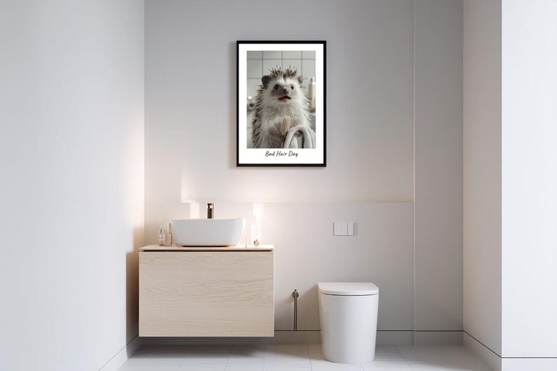 May include: A framed black and white photograph of a hedgehog with the text "Bad Hair Day" printed below the image.
