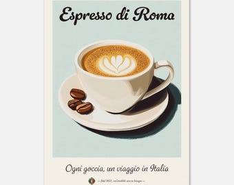 Espresso Italiano Vintage Coffee Poster in Light Blue | Kitchen Poster for Nostalgia Fans