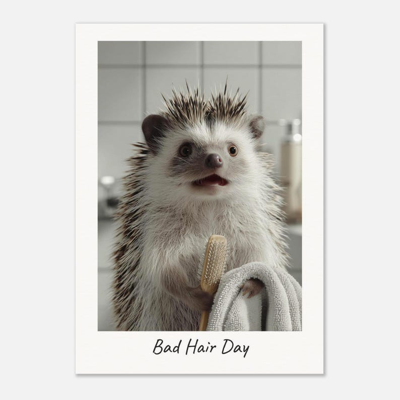 Hedgehog Poster Bad Hair Day | Funny Bathroom Decor | Witty Toilet Animal Art image 1