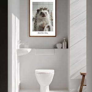 May include: A framed print of a hedgehog with a toothbrush in its mouth, with the text "Bad Hair Day" below the image.