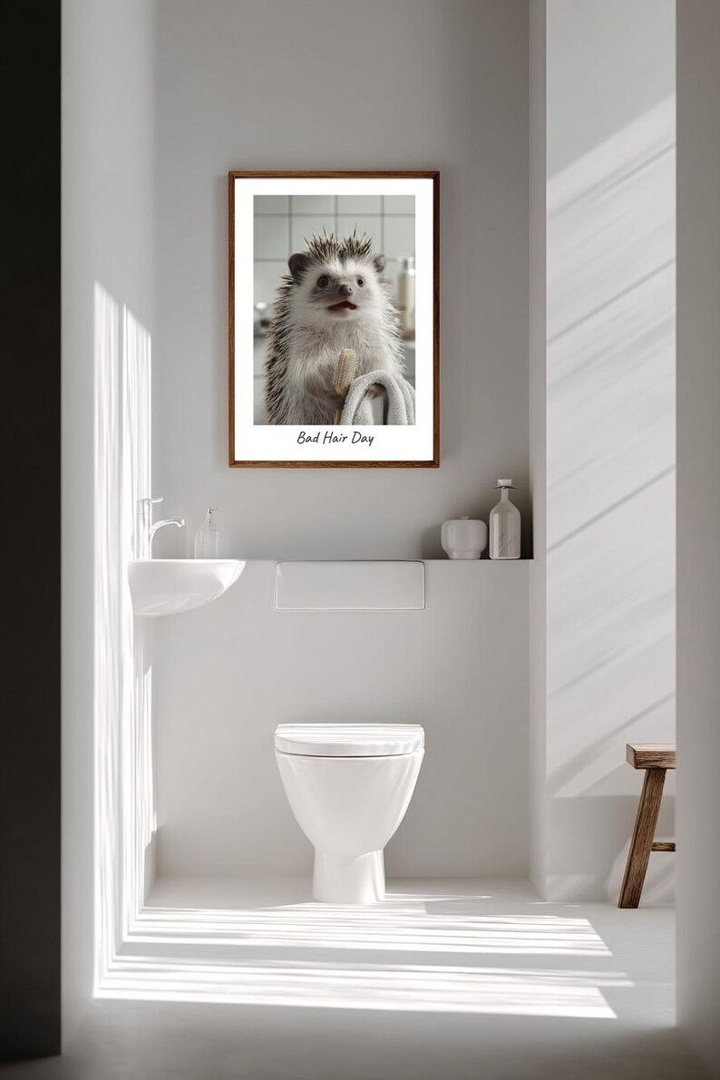 May include: A framed print of a hedgehog with a toothbrush in its mouth, with the text "Bad Hair Day" below the image.