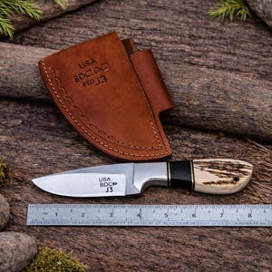 Handmade D2 Steel Hunting Knife, Stag Antler Handle, Leather Sheath, USA Made