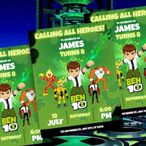 Convite de aniversário do Ben 10 | Modelo editável do Canva | Convite para festa com tema de desenho animado | Download digital | Cartão de aniversário infantil para meninos