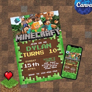 Minecraft-verjaardagsuitnodiging | Bewerkbaar canvas | Afdrukbare feestuitnodiging voor kinderen | Direct downloaden