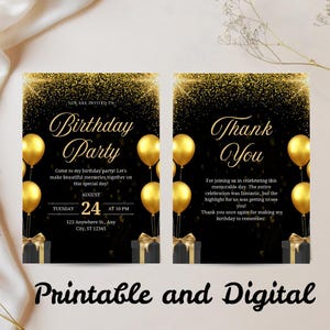 Elegant Black Gold Birthday Invitation & Thank You Card | Canva Editable Template | Adult Party Invite | Digital Download