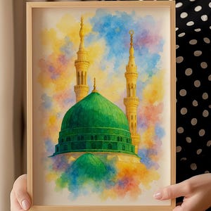 Green Dome Watercolor Digital Art – Madinah Mosque Wall Print, Islamic Spiritual Poster, Muslim Home Decor, Instant Download Print