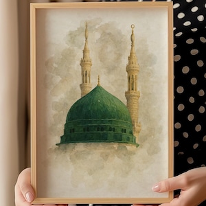Watercolor Green Dome Islamic Wall Art | Masjid Nabawi Digital Print | Madinah Mosque Poster | Muslim Home Decor | Islamic Gift Download