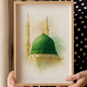 Green Dome Masjid Nabawi Watercolor Art | Madinah Islamic Digital Print | Muslim Minimal Wall Decor | Prophetic Mosque Download Poster