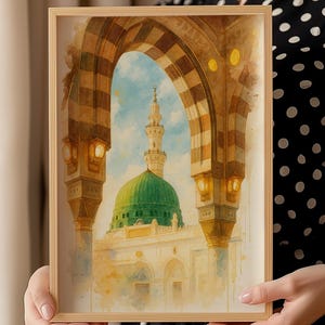 Masjid an-Nabawi Green Dome Wall Art | Madinah Mosque Watercolor Print | Islamic Digital Download | Prophet’s Mosque Decor | Eid Gift Idea