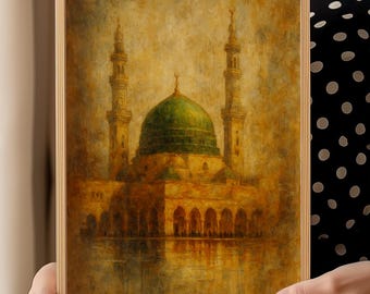 Masjid Nabawi Green Dome Wall Art | Vintage Islamic Oil Style Print | Madinah Mosque Decor | Digital Muslim Art | Spiritual Gift Download 13