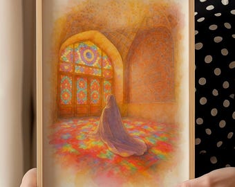 Nasir al-Mulk Mosque Print, Shiraz Iran Pink Mosque Art, Islamic Prayer Decor, Stained Glass Masjid Poster, Muslim Woman Watercolor Artwork