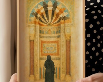 Impresión artística del mihrab islámico / Mujer musulmana rezando (descarga digital)