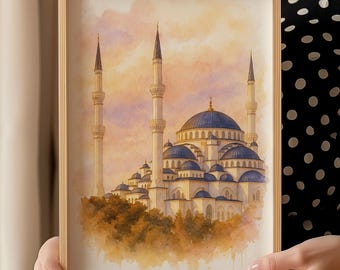 Blue Mosque Istanbul Watercolor Print | Ottoman Architecture Wall Art | Turkish Masjid Poster | Islamic Home Decor | Sunset Mosque Artwork