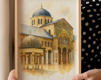 May include: Watercolor painting of a building with multiple domes and arches, framed in a light wood. The artwork features a color palette of blues, yellows, and browns, with a focus on architectural details.