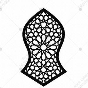 Puede incluir: Diseño geométrico negro con un patrón de estrellas, que se asemeja a un elemento decorativo. El diseño está sobre un fondo blanco. La imagen incluye las anotaciones de tipo de archivo: AI, EPS, SVG, DXF y PNG, junto con un logotipo de Cricut Laser Cutting.