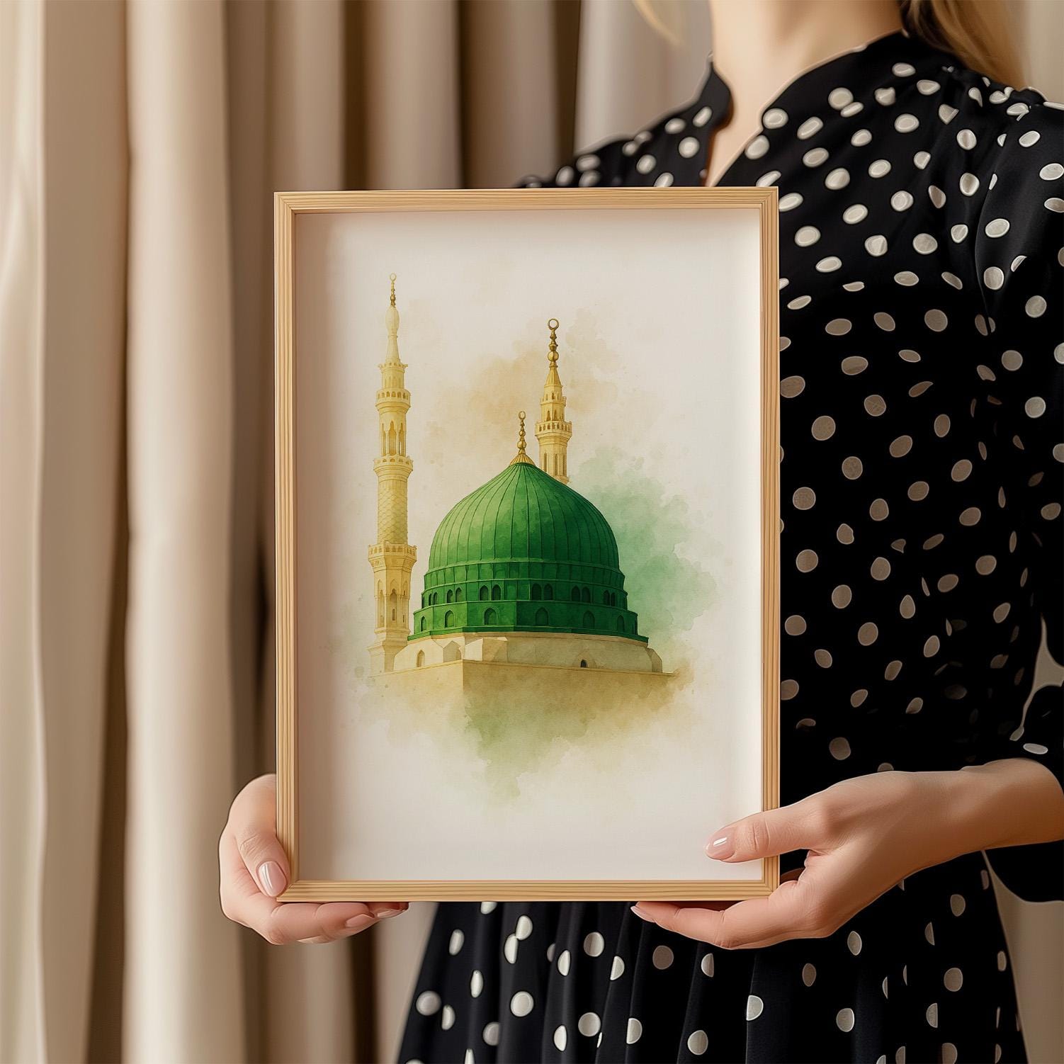 Green Dome Masjid Nabawi Watercolor Art | Madinah Islamic Digital Print | Muslim Minimal Wall Decor | Prophetic Mosque Download Poster