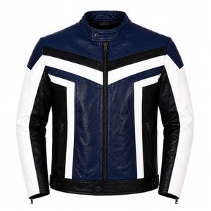 Puede incluir: Una chaqueta de cuero con un diseño de bloques de color azul marino, negro y blanco. La chaqueta tiene un cuello alto con un botón a presión, un cierre de cremallera central y mangas largas. El frente muestra un patrón geométrico.