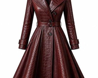 May include: A deep burgundy trench coat featuring a textured crocodile skin pattern on the bodice and sleeves, a flared skirt, a belted waist, a notched lapel collar, and dark buttons. The coat has long sleeves with cuffs and a structured fit.