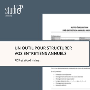 Peut inclure: Un document affiche le texte "AUTO-EVALUATION PRE-ENTRETIEN ANNUEL INDIVIDUEL". En dessous, un rectangle blanc contient le texte "UN OUTIL POUR STRUCTURER VOS ENTRETIENS ANNUELS PDF et Word inclus". L'arrière-plan est un dégradé de bleu foncé et de blanc.