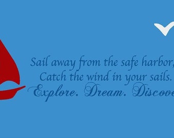 Sail Away EXPLORE DREAM DISCOVER 42x14 Vinyl Wall Decal Decor Wall Lettering Words Quotes Decals Art Custom