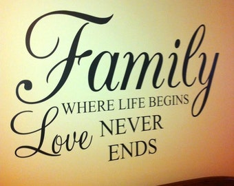 Family where Life Begins Love Never Ends 36x22 Vinyl Decal Wall Art Lettering Quote Nursery