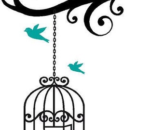 Bird Cage on a Branch with 4 Birds 22x29 Vinyl Wall Decal Decor Wall Lettering Words Quotes Decals Art Custom