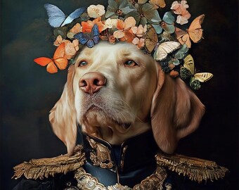 May include: A light brown dog wearing a gold and black military uniform with a crown of flowers and butterflies on its head.