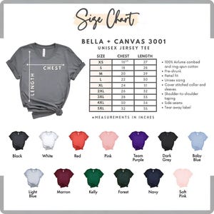 May include: A size chart for Bella + Canvas 3001 unisex jersey tees, with measurements in inches. The chart includes chest and length sizes from XS to 5XL, and a color palette of 12 options, including black, white, and red.