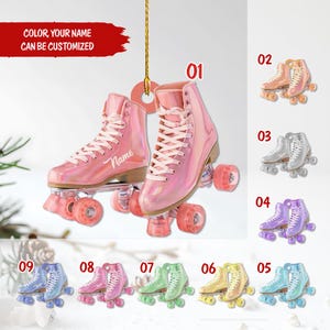 May include: Pink roller skates with white laces and pink wheels. The text "Name" is on the side of one skate. The text "COLOR, YOUR NAME CAN BE CUSTOMIZED" is in a red banner. Additional color options are shown.
