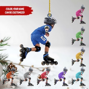 May include: Ornament depicting a child in blue rollerblades, helmet, and protective gear. The text "COLOR, YOUR NAME CAN BE CUSTOMIZED" is on a red banner. Other ornaments in different colours are also shown.
